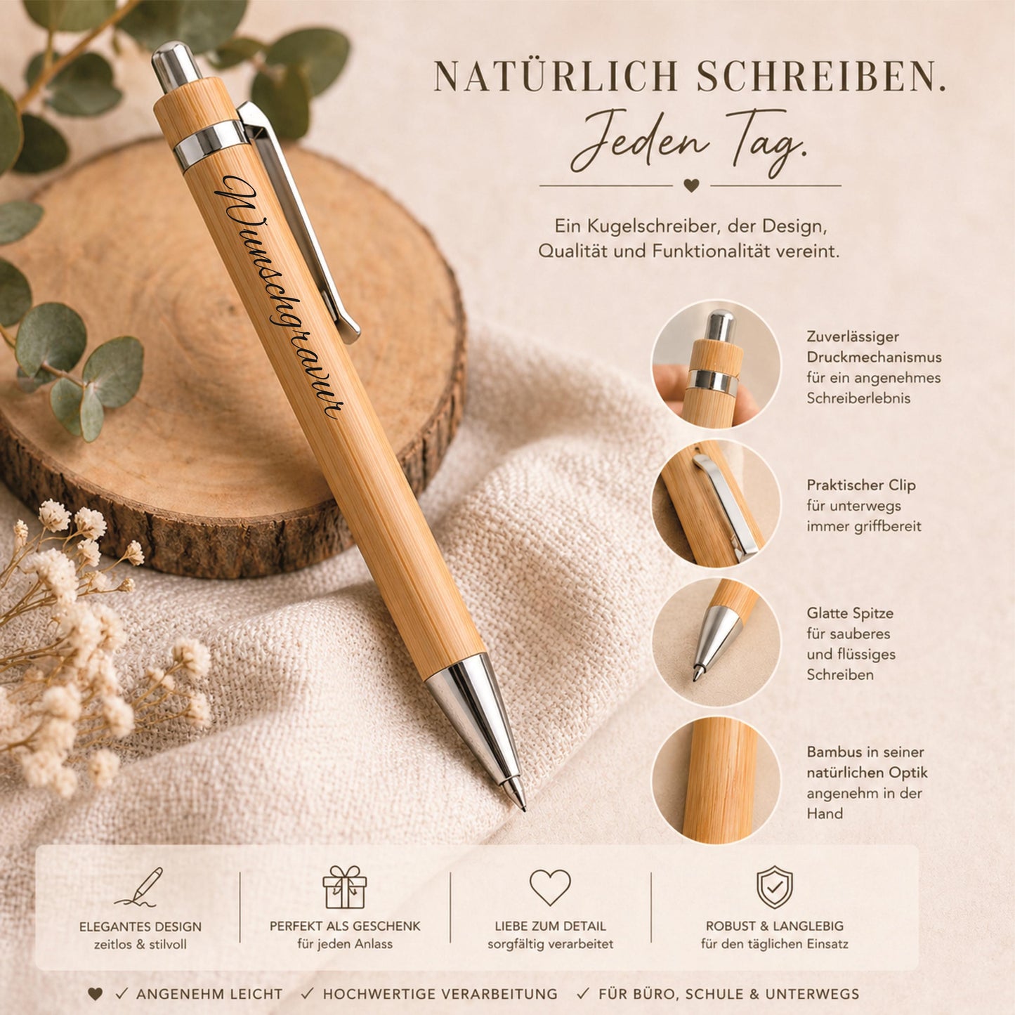 Kugelschreiber personalisiert aus Bambus mit Gravur schwarz Kuli Stift Holz Gastgeschenk Geschenk Gift