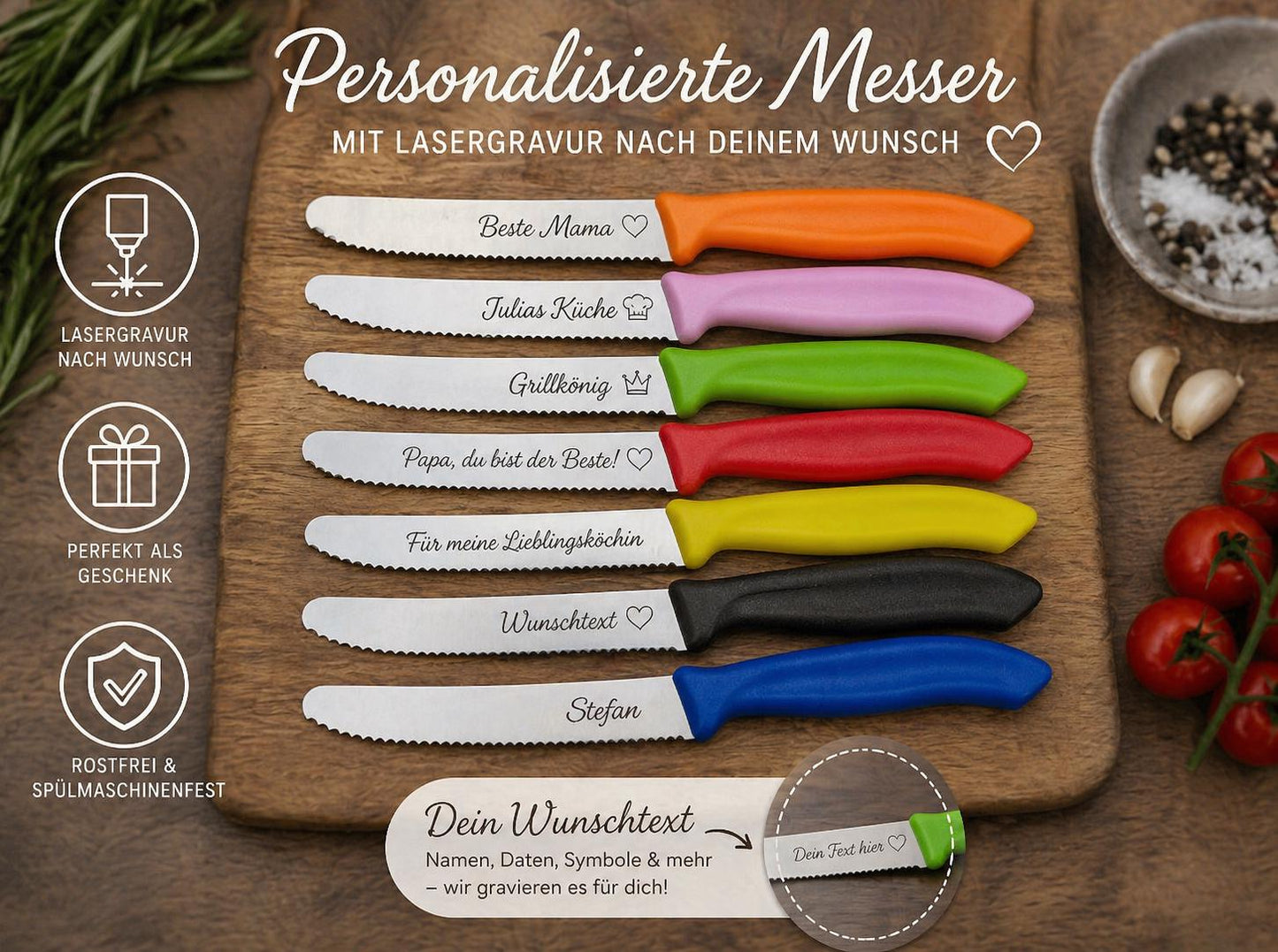 Messer personalisiert Küchenmesser Tomatenmesser mit individueller Gravur 11 cm Klinge 7 Farben zur Wahl