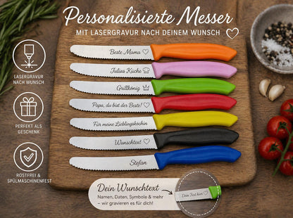 Messer personalisiert Küchenmesser Tomatenmesser mit individueller Gravur 11 cm Klinge 7 Farben zur Wahl