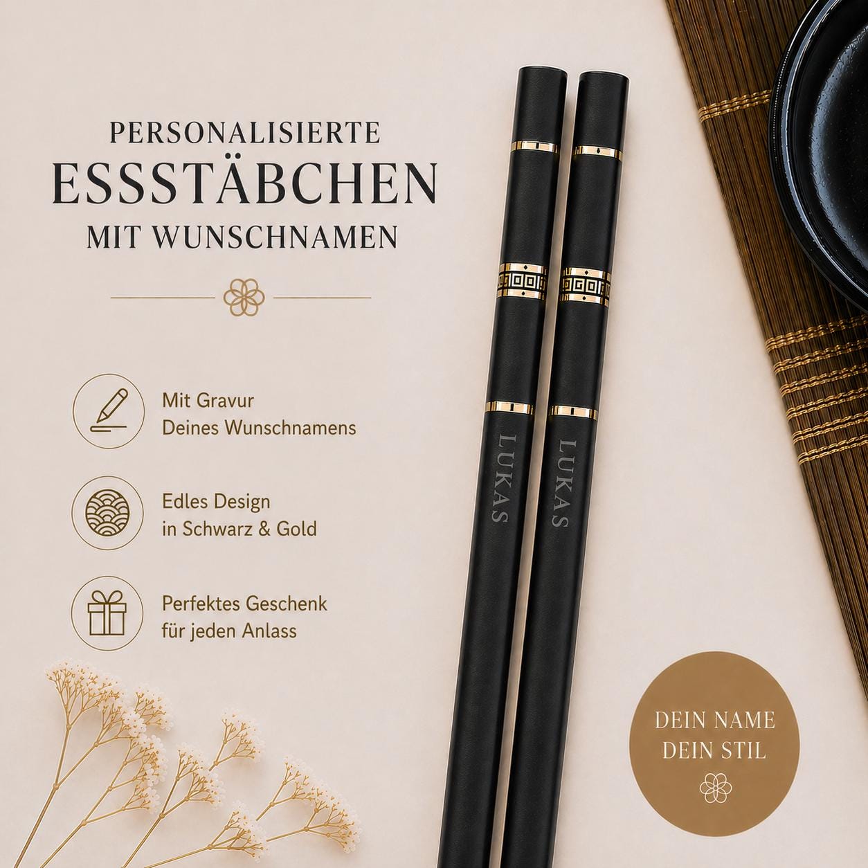 1 Paar Chopsticks personalisiert 2 Stück Essstäbchen mit Gravur 24 cm Geschenk Wunschgavur