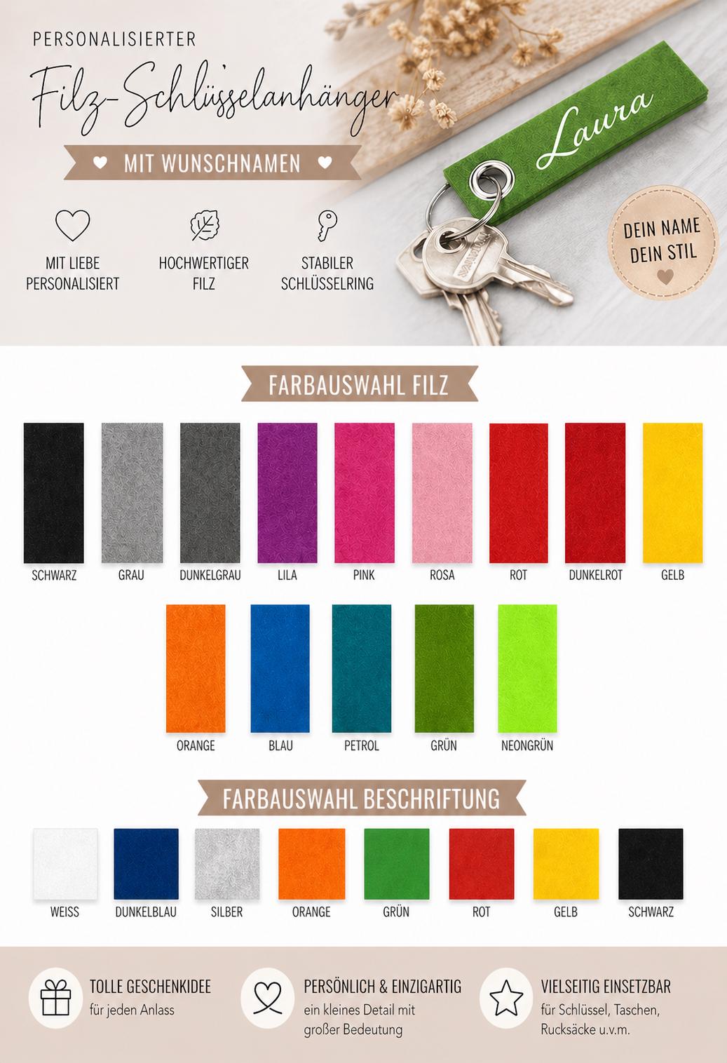 Schlüsselanhänger Filz personalisiert mit Namen 13 Farben zur Auswahl Geschenk
