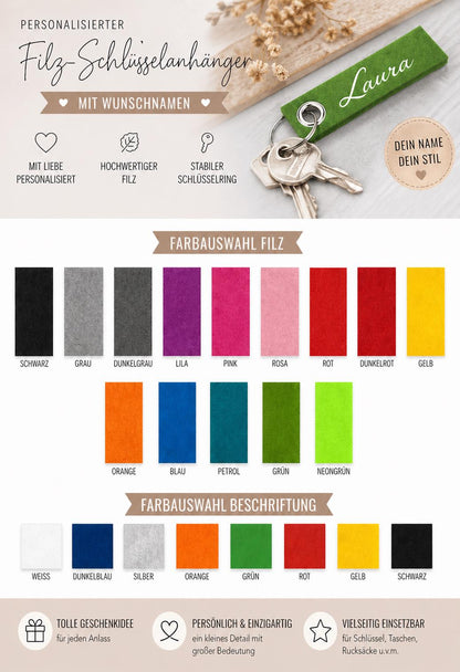 Schlüsselanhänger Filz personalisiert mit Namen 13 Farben zur Auswahl Geschenk