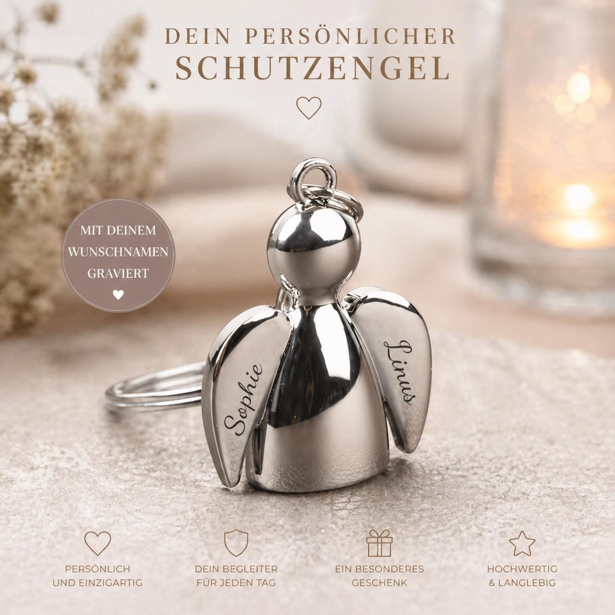 Schlüsselanhänger Schutzengel Engel Metall mit individueller Gravur personalisiert Geschenk