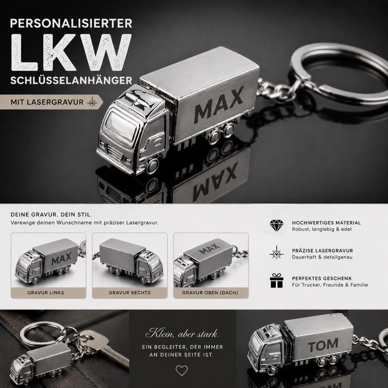 Schlüsselanhänger personalisiert LKW Truck Brummi Edelstahl mit Gravur 35x11x16mm Geschenk
