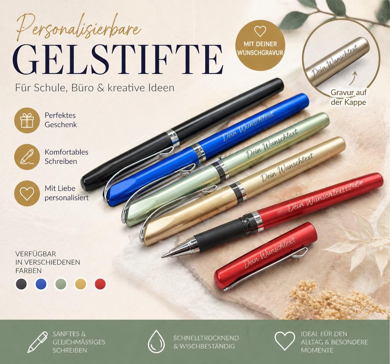 Gelstift personalisiert mit Gravur Kugelschreiber 5 verschiedene Farben Kuli Stift Holz Gastgeschenk Geschenk