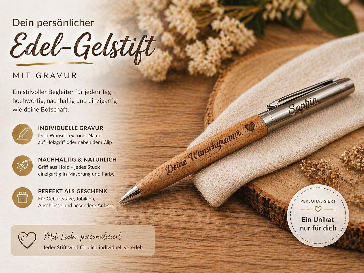 Edler Kugelschreiber Gelstift personalisiert mit Gravur braun Kuli Stift Holz Gastgeschenk Geschenk Gift