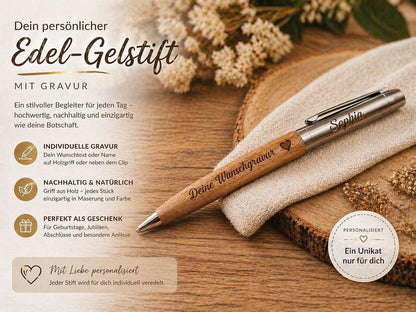 Edler Kugelschreiber Gelstift personalisiert mit Gravur braun Kuli Stift Holz Gastgeschenk Geschenk Gift