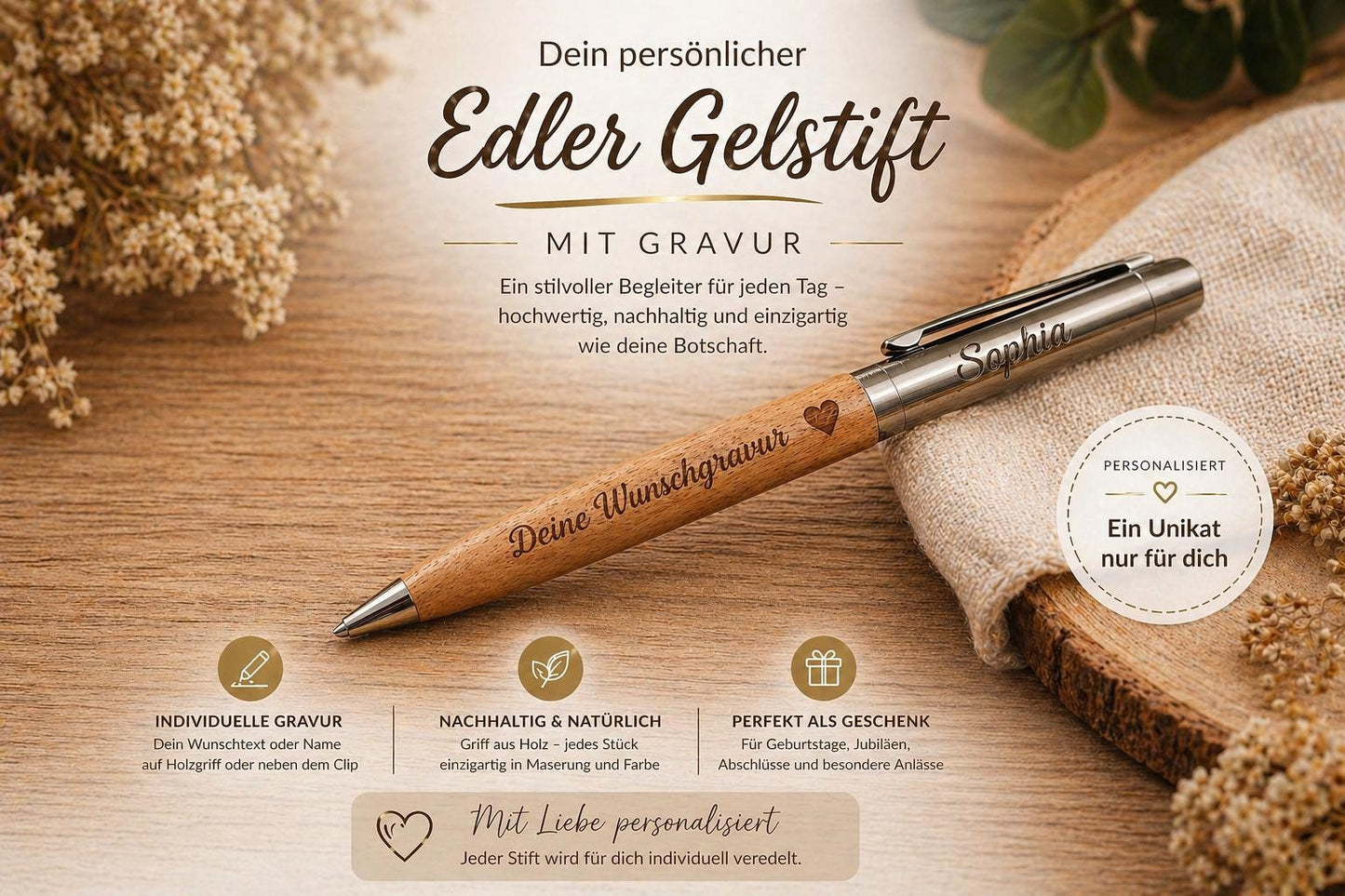 Edler Kugelschreiber Gelstift personalisiert mit Gravur braun Kuli Stift Holz Gastgeschenk Geschenk Gift