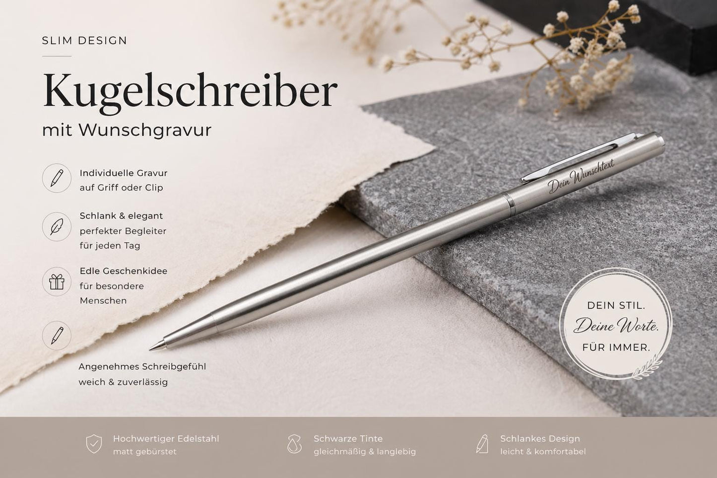 Kugelschreiber personalisiert Slim mit Gravur Kuli Stift Holz Gastgeschenk Geschenk Gift Edelstahl