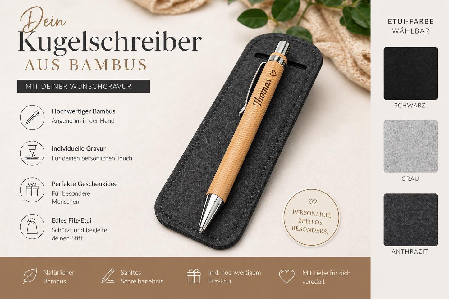 Kugelschreiber personalisiert aus Bambus mit Gravur und Filzetui schwarz Kuli Stift Holz Gastgeschenk Geschenk Gift