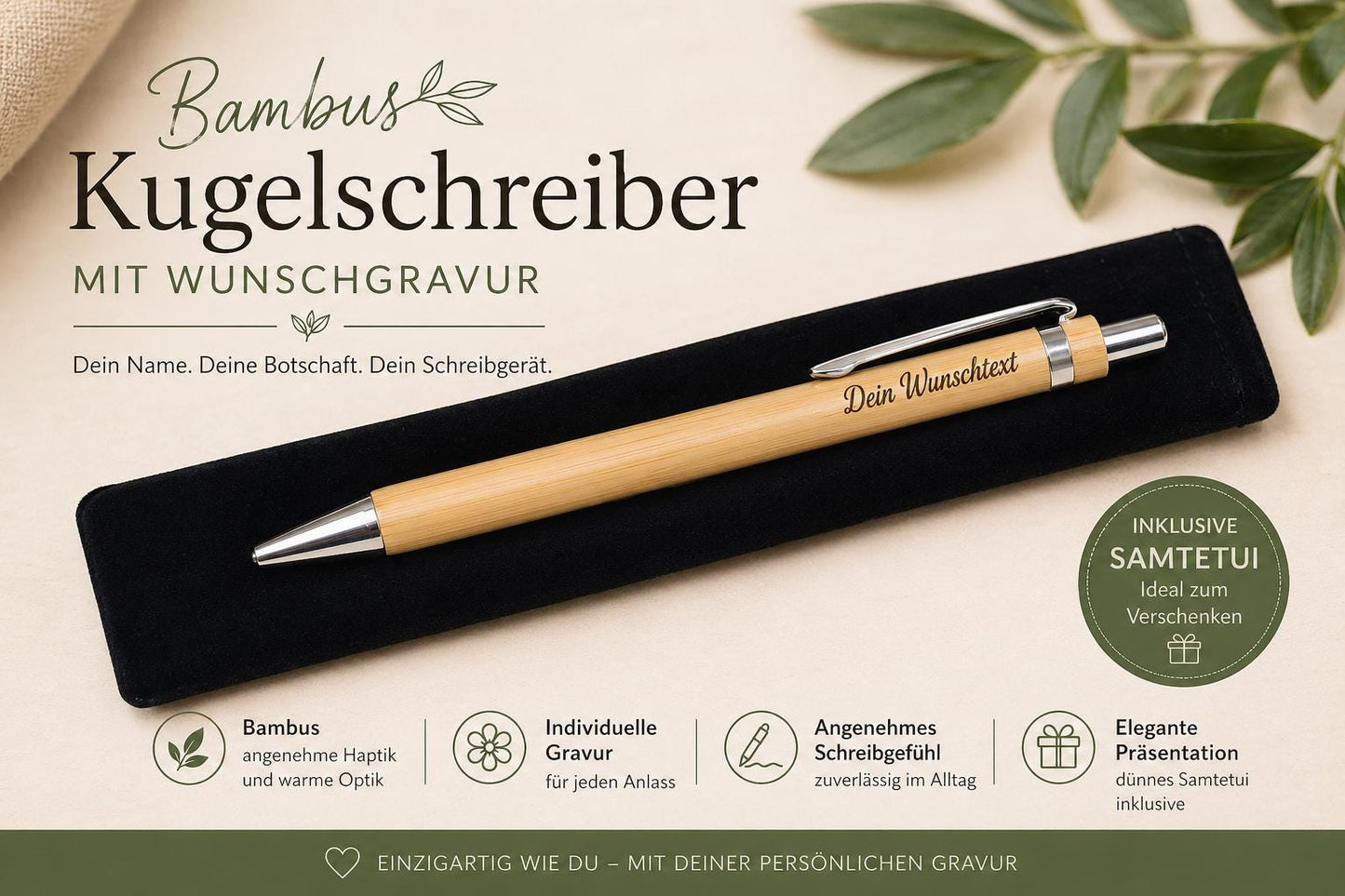 Kugelschreiber personalisiert aus Bambus mit Samthülle und Gravur Business schwarz Holzkugelschreiber Holz Gastgeschenk Kuli Stift Etui