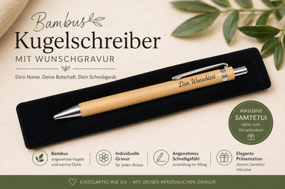 Kugelschreiber personalisiert aus Bambus mit Samthülle und Gravur Business schwarz Holzkugelschreiber Holz Gastgeschenk Kuli Stift Etui