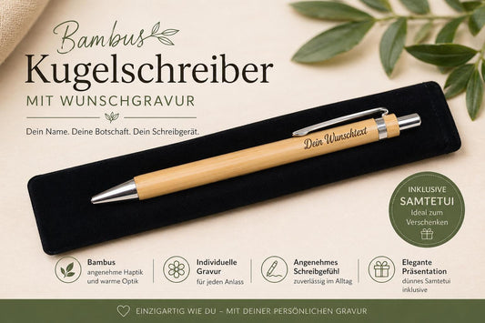 Kugelschreiber personalisiert aus Bambus mit Samthülle und Gravur Business schwarz Holzkugelschreiber Holz Gastgeschenk Kuli Stift Etui