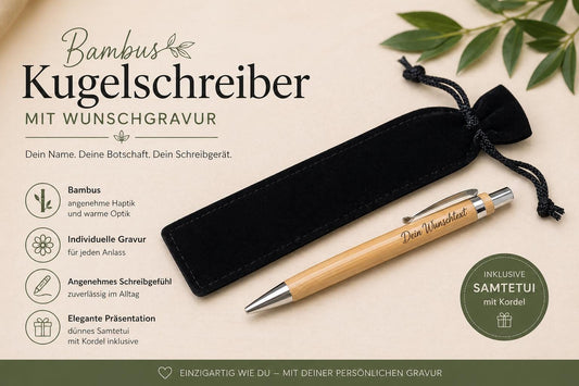 Kugelschreiber personalisiert aus Bambus mit Samtetui mit Kordel individueller Gravur Holzkugelschreiber Holz Gastgeschenk Geschenk