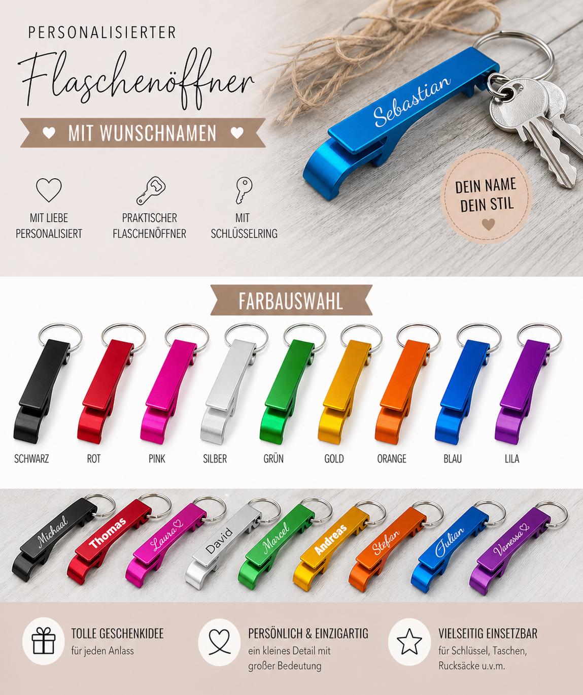 Flaschenöffner personalisiert 2 in 1 Dosenöffner als Schlüsselanhänger mit Gravur Geschenk Geschenkidee in verschiedenen Farben Aluminium