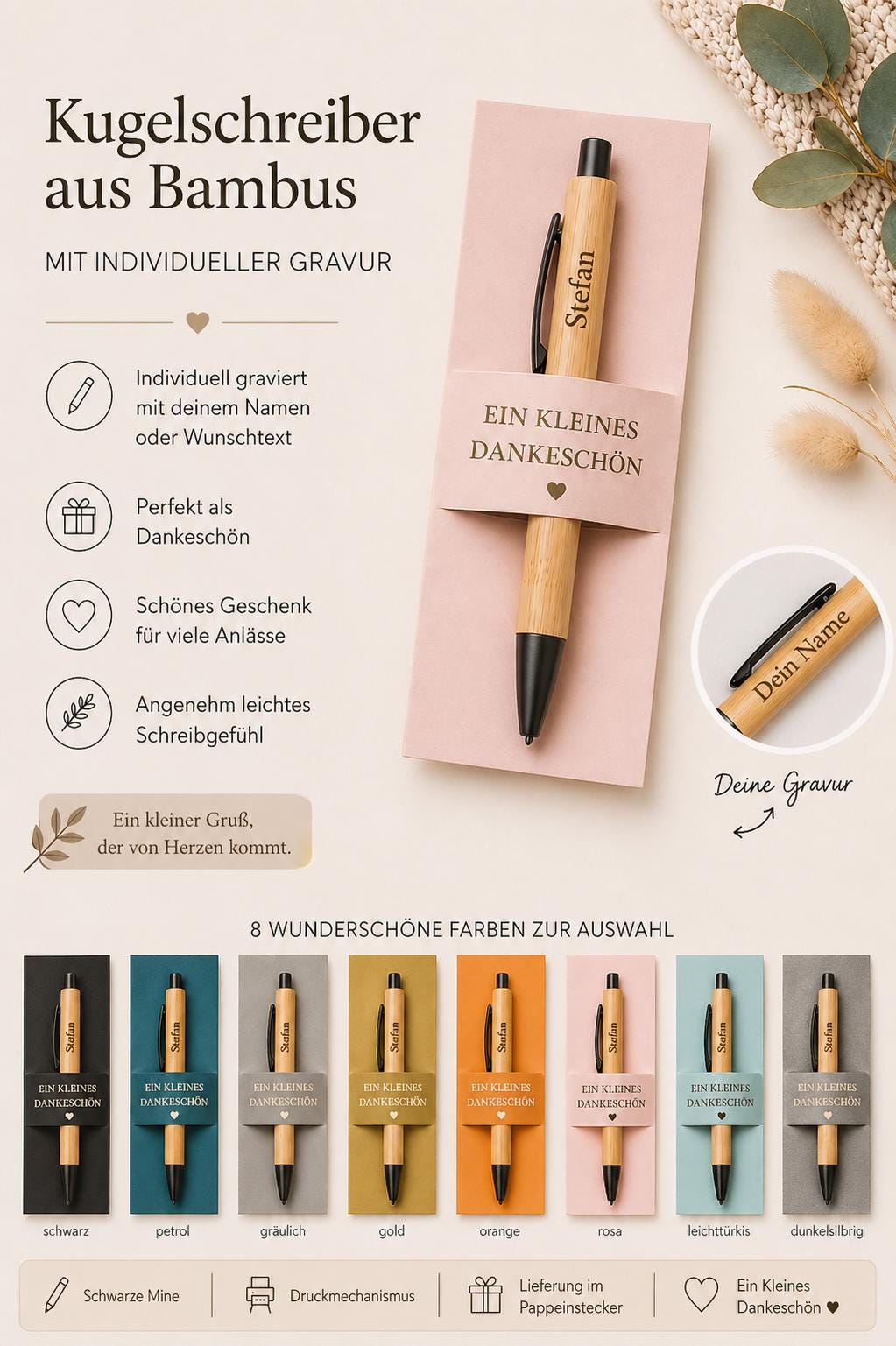 Kugelschreiber personalisiert Kleines Dankeschön 8 Metallicfarben Geschenk Bambus individueller Gravur