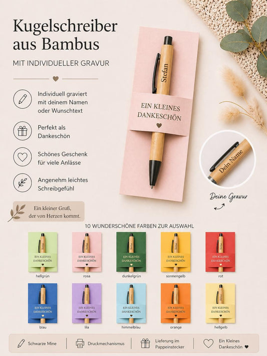 Kugelschreiber personalisiert Kleines Dankeschön Geschenk Bambus individueller Gravur 10 Farben