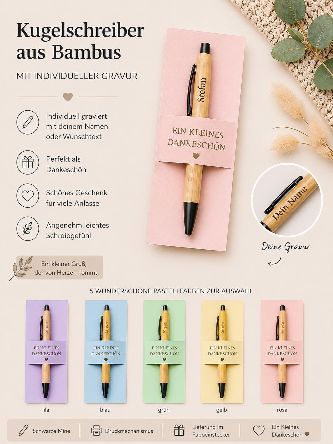 Kugelschreiber personalisiert Kleines Dankeschön 5 pastellfarben Geschenk Bambus individueller Gravur