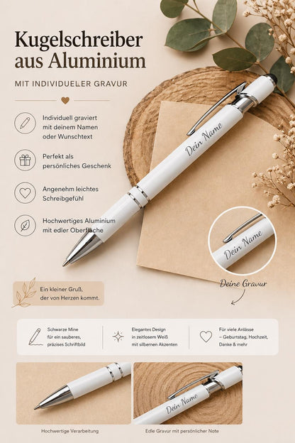 Kugelschreiber personalisiert mit Touchpen weiß aus Aluminium mit Gravur Kuli Stift Holz Gastgeschenk Geschenk