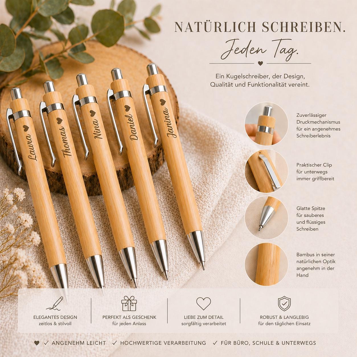 Abschiedsgeschenk Kugelschreiber personalisiert aus Bambus mit Gravur schwarz Kuli Stift Holz Geschenk Gift