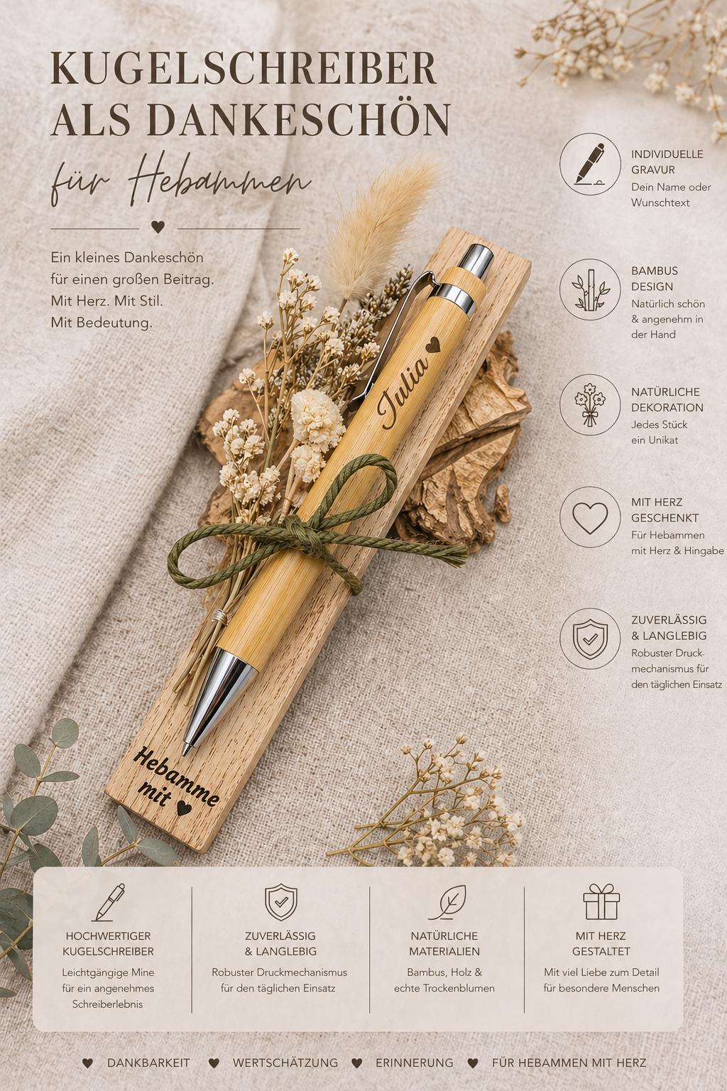Hebamme Geschenk Kugelschreiber personalisiert aus Bambus mit Trockenblumen individueller Gravur