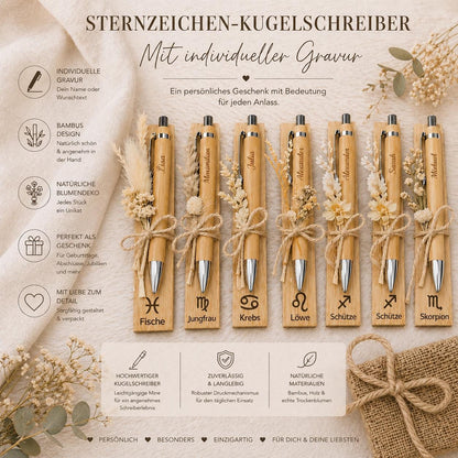 Kugelschreiber Sternzeichen personalisiert mit Trockenblumen und individueller Gravur schwarz Kuli Stift Holz Gastgeschenk Geschenk Gift