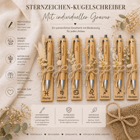 Kugelschreiber Sternzeichen personalisiert mit Trockenblumen und individueller Gravur schwarz Kuli Stift Holz Gastgeschenk Geschenk Gift