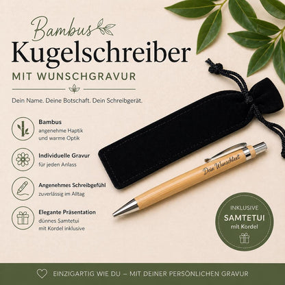 Kugelschreiber personalisiert aus Bambus mit Samtetui mit Kordel individueller Gravur Holzkugelschreiber Holz Gastgeschenk Geschenk