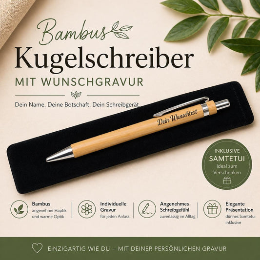Kugelschreiber personalisiert aus Bambus mit Samthülle und Gravur Business schwarz Holzkugelschreiber Holz Gastgeschenk Kuli Stift Etui