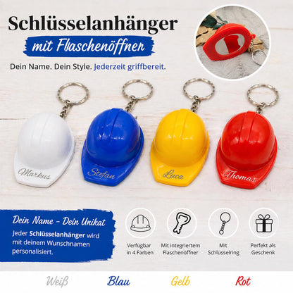 Schlüsselanhänger Schutzhelm mit Flaschenöffner mit individueller Gravur 4 Farben verfügbar personalisiert Geschenk