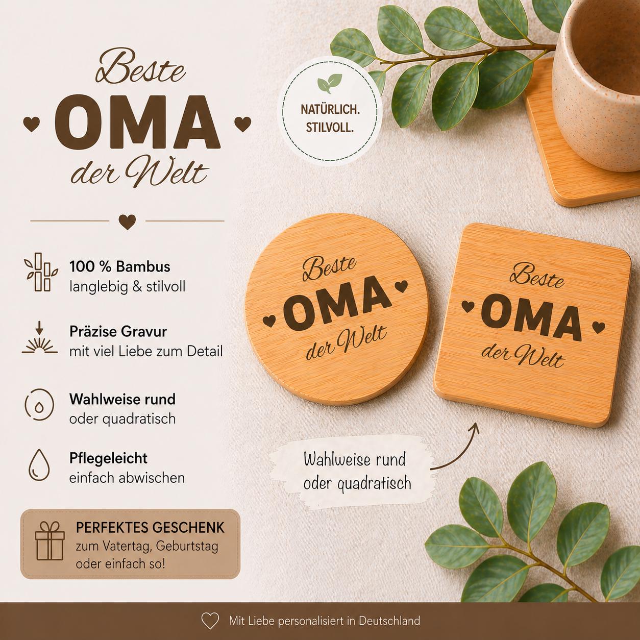 Untersetzer Beste OMA der Welt personalisiert Bambus mit Wunschgravur individuelles Geschenk Geschenkidee Glasuntersetzer Geschenk