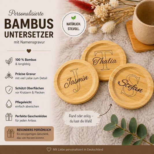 Untersetzer personalisiert Holz rund Namen Initialien Bambus mit Wunschgravur individuelles Geschenk Geschenkidee Glasuntersetzer