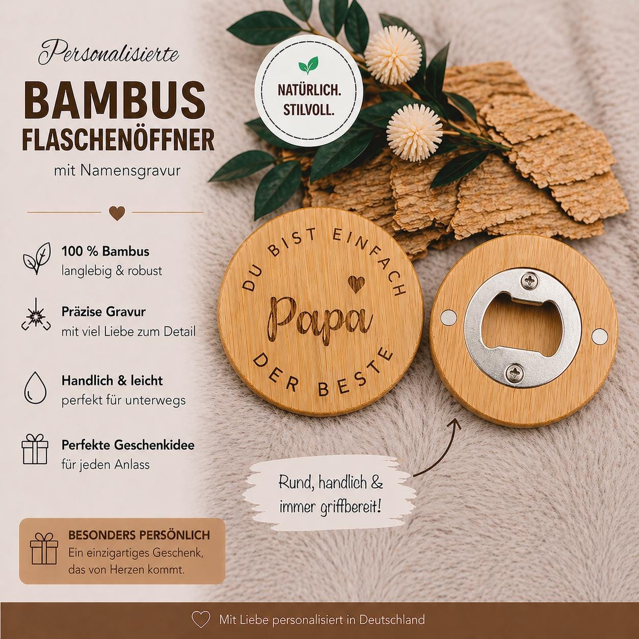 Flaschenöffner Bester Papa rund aus Bambus mit Gravur Geschenk Geschenkidee Vatertag