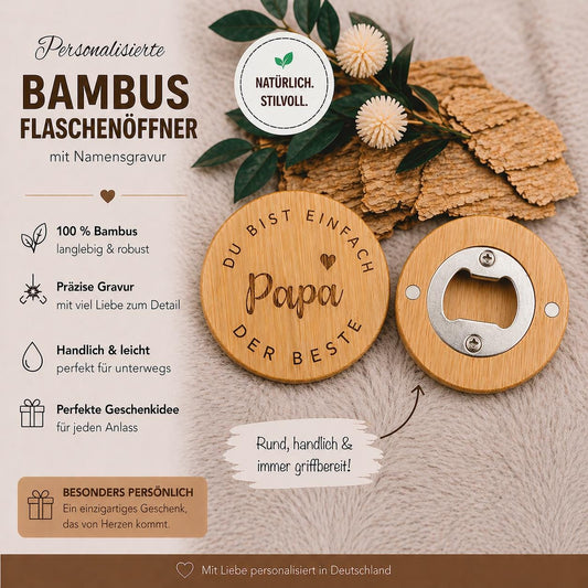 Flaschenöffner Bester Papa rund aus Bambus mit Gravur Geschenk Geschenkidee Vatertag