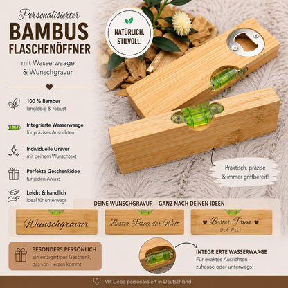 Wasserwaage Flaschenöffner personalisiert aus Holz 15 x 4,7 x 2 cm Bambus mit Wunschgravur individuelles Geschenk Heimwerker Handwerker