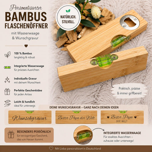 Wasserwaage Flaschenöffner personalisiert aus Holz 15 x 4,7 x 2 cm Bambus mit Wunschgravur individuelles Geschenk Heimwerker Handwerker
