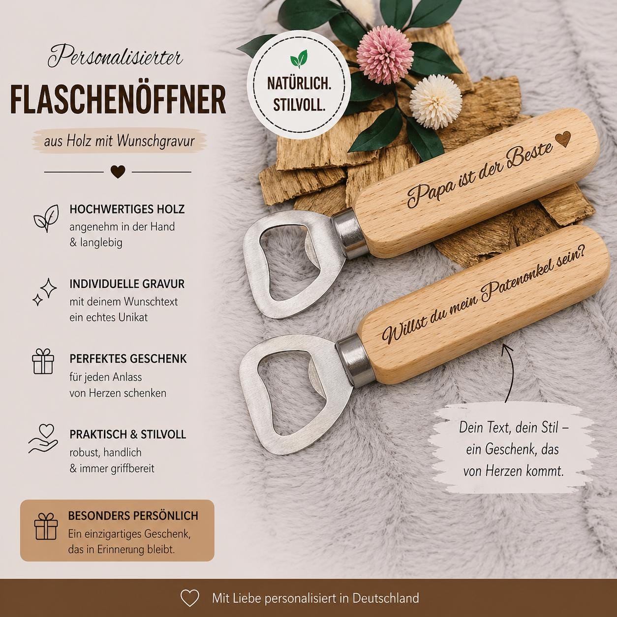 Flaschenöffner personalisiert aus Holz mit individueller Gravur Geschenk Geschenkidee