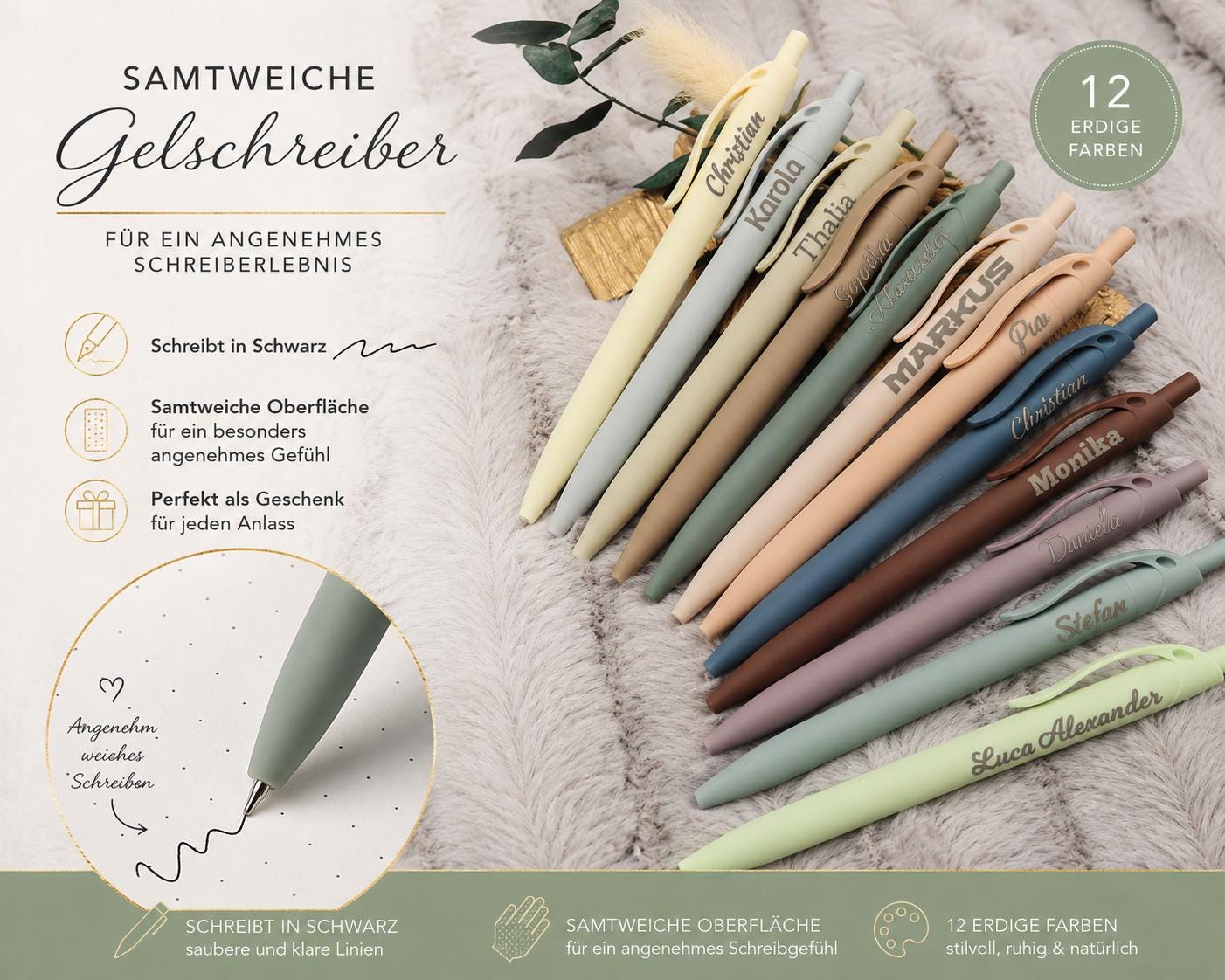 Gelschreiber personalisiert 12 erdige Farben samtige Oberfläche mit Gravur Kuli Stift Gastgeschenk Geschenk Kugelschreiber