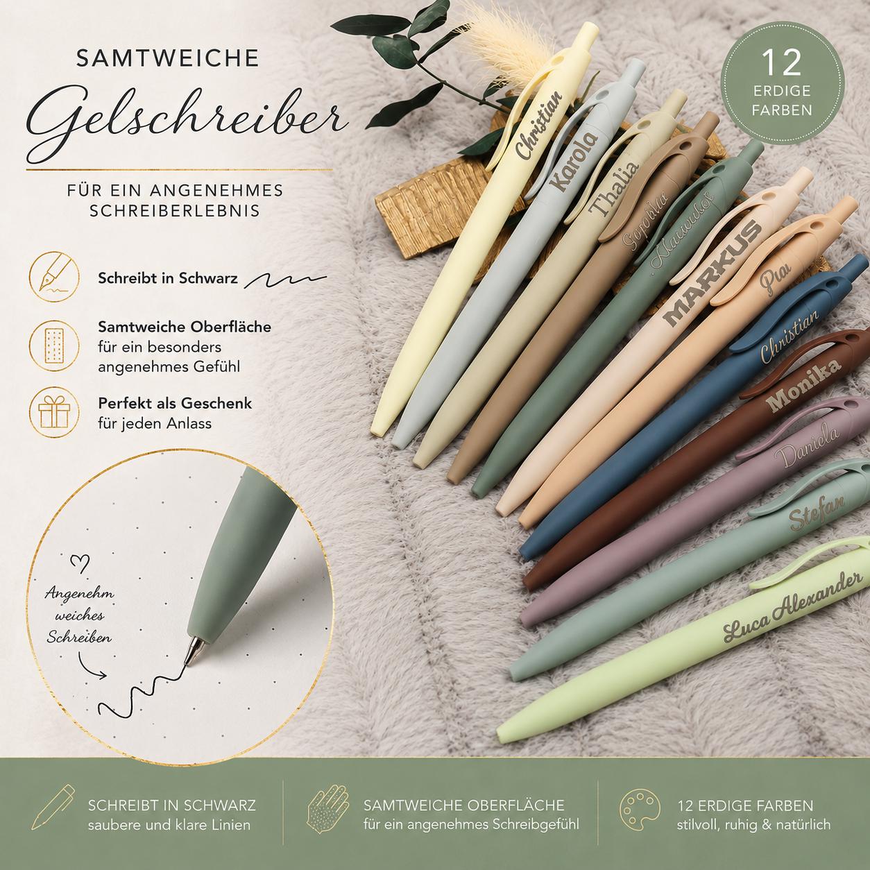 Gelschreiber personalisiert 12 erdige Farben samtige Oberfläche mit Gravur Kuli Stift Gastgeschenk Geschenk Kugelschreiber