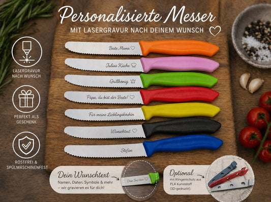 Messer personalisiert Küchenmesser Tomatenmesser mit individueller Gravur 11 cm Klinge 7 Farben zur Wahl