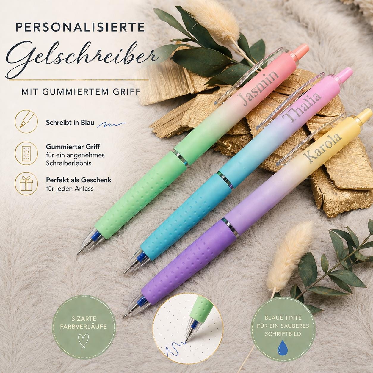 Gelschreiber personalisiert zarter Farbverlauf gummierter Griff mit Gravur Kuli Stift Gastgeschenk Geschenk