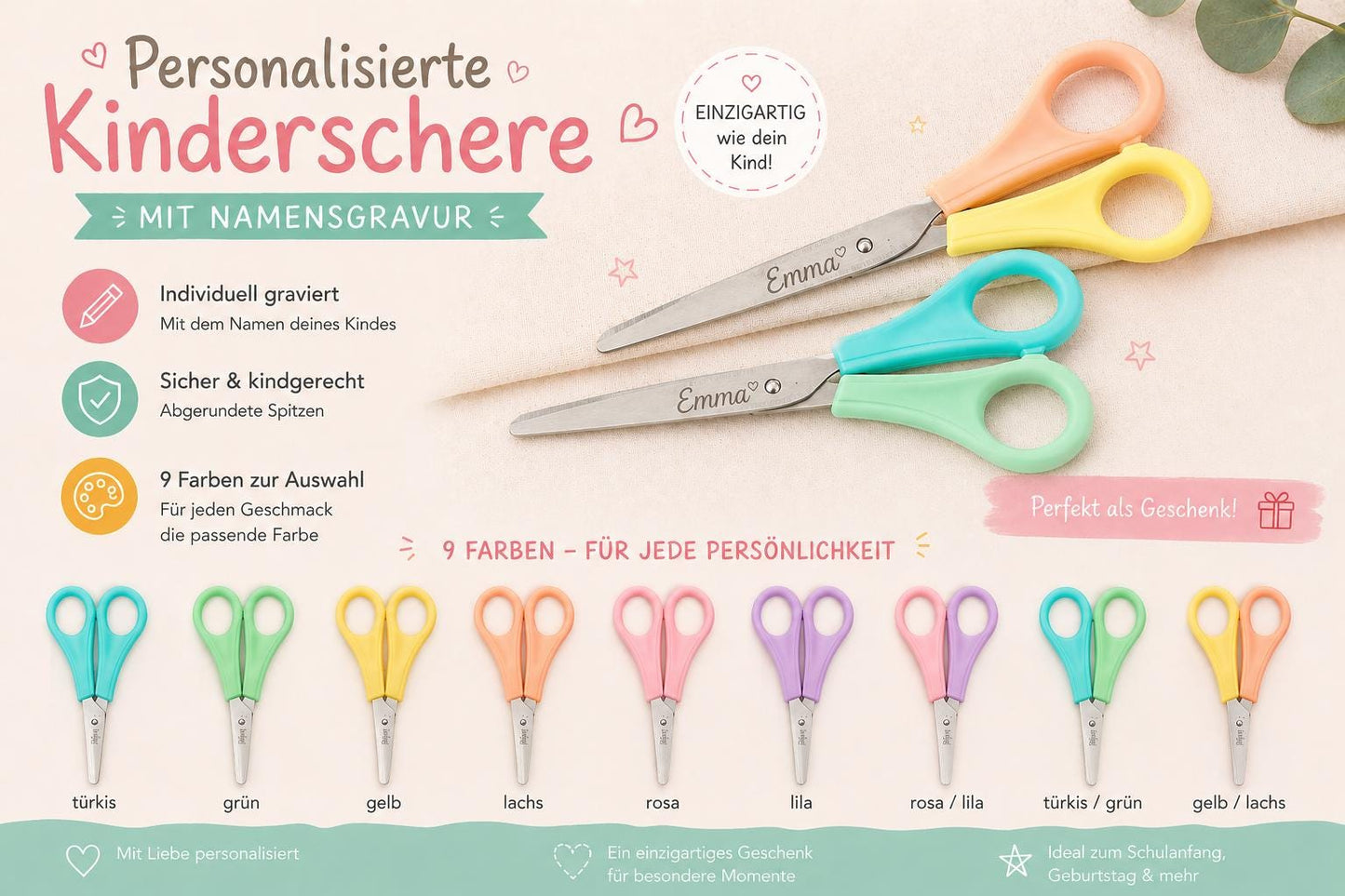 Schere Kinderschere personalisiert mit Gravur 9 pastellfarben Schulanfang Schule ABC-Schütze