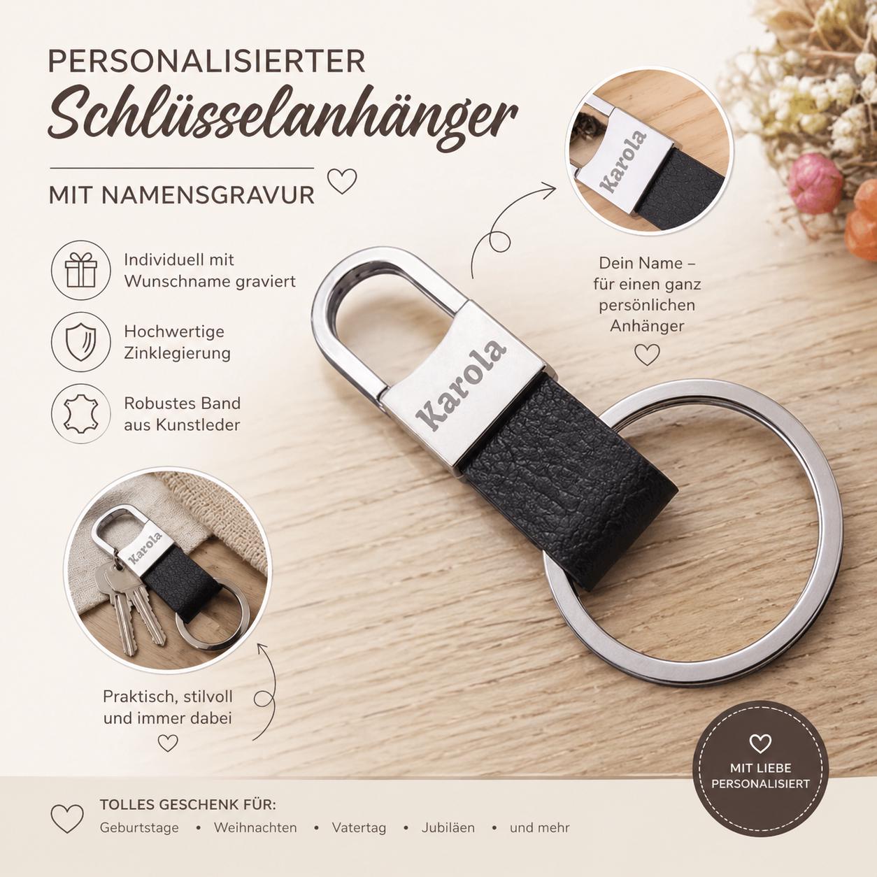 Schlüsselanhänger Karabiner schwarz Kunstleder mit individueller Gravur personalisiert Geschenk