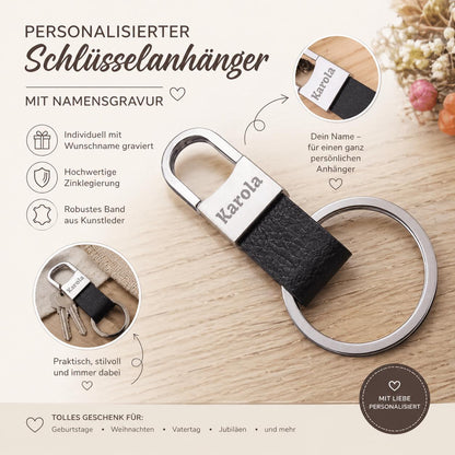 Schlüsselanhänger Karabiner schwarz Kunstleder mit individueller Gravur personalisiert Geschenk
