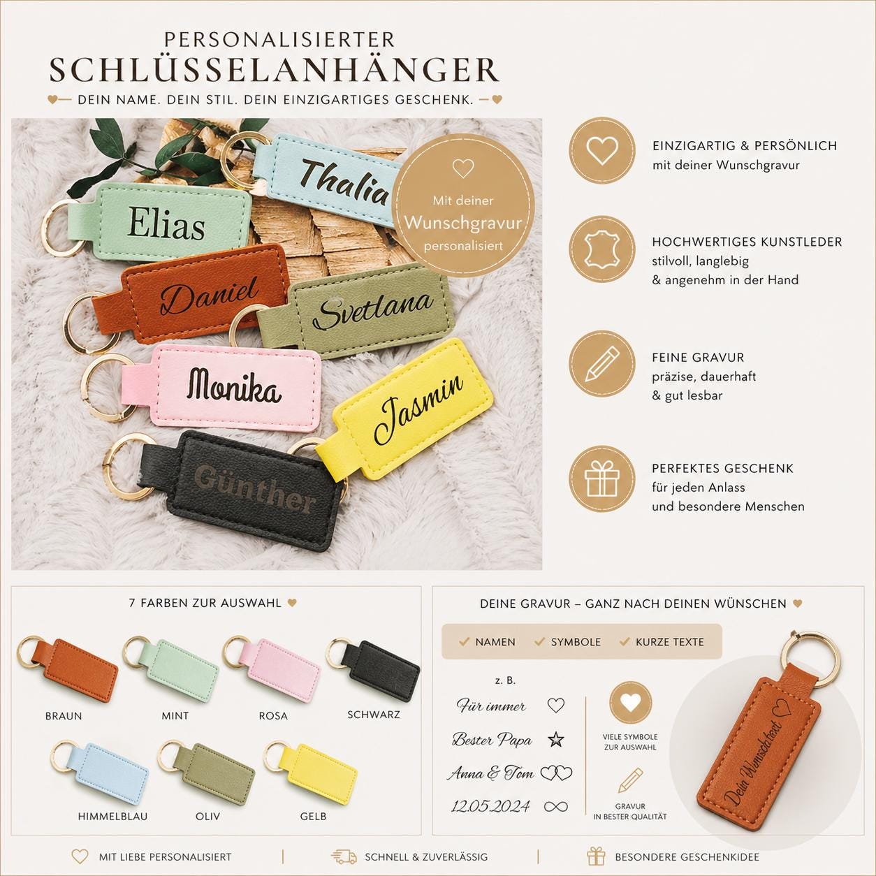 Personalisierter Kunstleder-Schlüsselanhänger schmal mit Gravur | Wunschtext | Edles Gastgeschenk Hochzeit | Individueller Schlüsselbund
