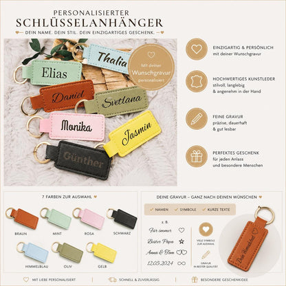 Personalisierter Kunstleder-Schlüsselanhänger schmal mit Gravur | Wunschtext | Edles Gastgeschenk Hochzeit | Individueller Schlüsselbund