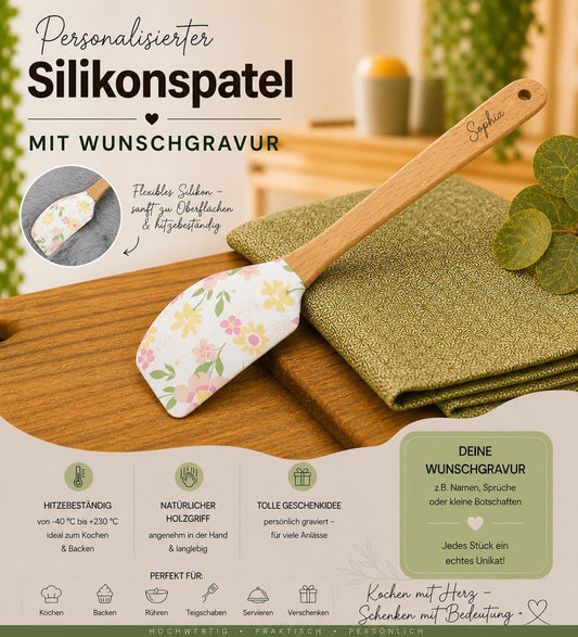 Teigschaber Silikonspatel personalisiert Blumenmuster floral  mit Motiv backen, kochen, grillen ca. 18 cm lang Geschenk