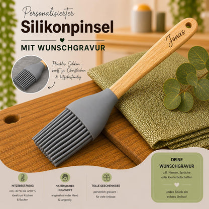 Silikonpinsel Backpinsel Bambus Pinsel grau zum grillen, backen, marinieren, kochen uvm. ca. 21 cm lang mit Wunschgravur personalisiert