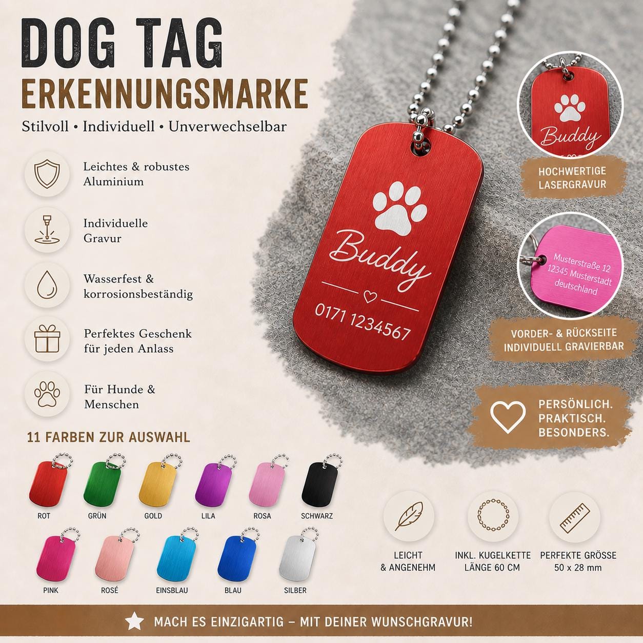 Hundemarke groß Halsband Erkennungsmarke Hunde ID Dog Tag Schlüsselanhänger aus Aluminium mit Gravur 50 x 30 x 1 mm versch. Farben  Geschenk