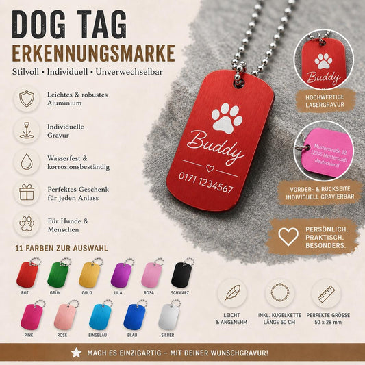 Hundemarke groß Halsband Erkennungsmarke Hunde ID Dog Tag Schlüsselanhänger aus Aluminium mit Gravur 50 x 30 x 1 mm versch. Farben  Geschenk